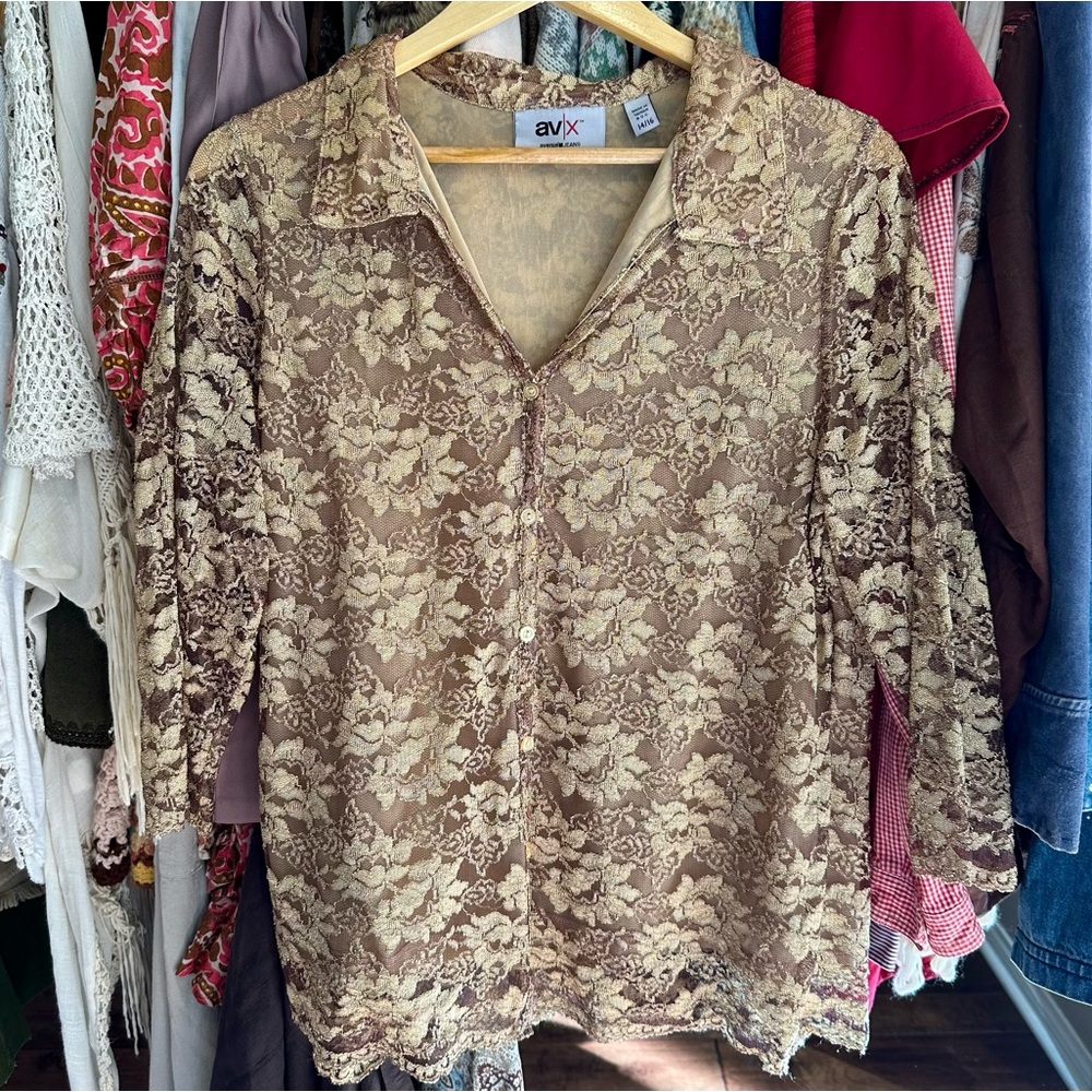 Vintage Y2K Lace Button-Up Blouse – Floral Top Brown Gold Mesh Quarter Sleeve